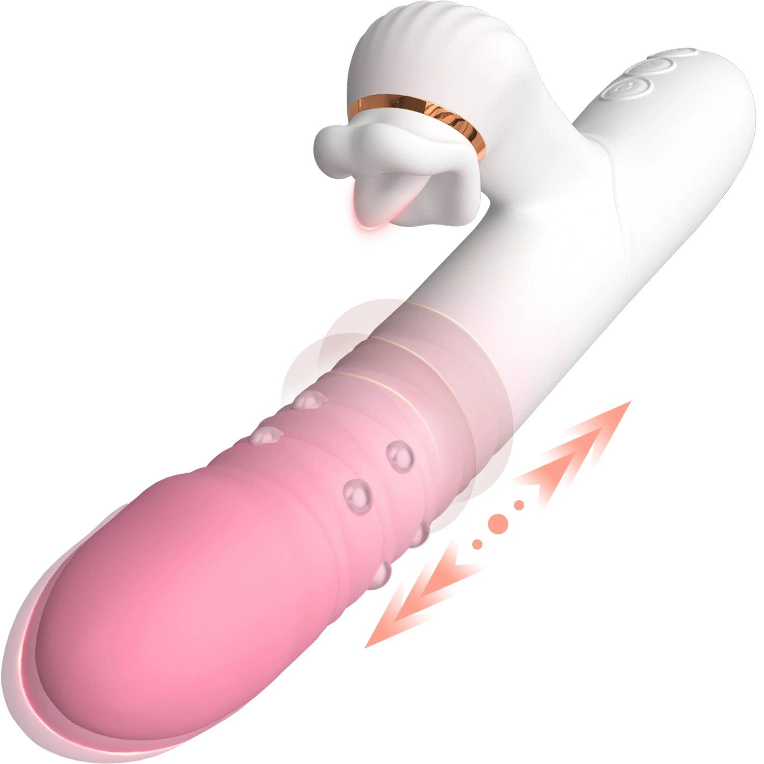Rotating beaded thrusting tongue vibrator displayed upright