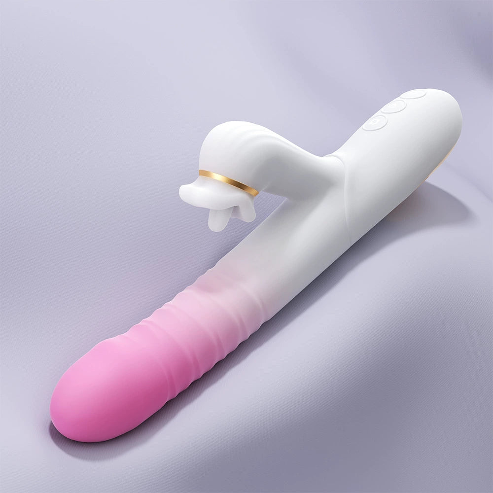 Rotating beaded thrusting tongue vibrator displayed upright