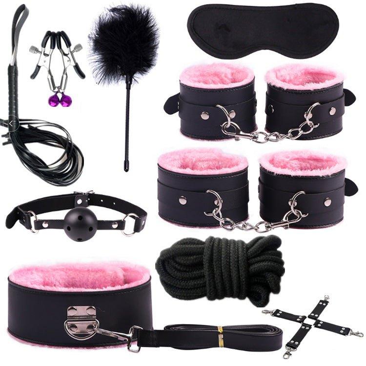 Bondage handcuff set shown flat highlighting padded interior and straps