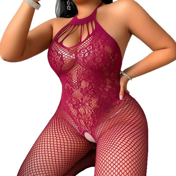 Burgundy Halter Lace Fishnet Bodystocking