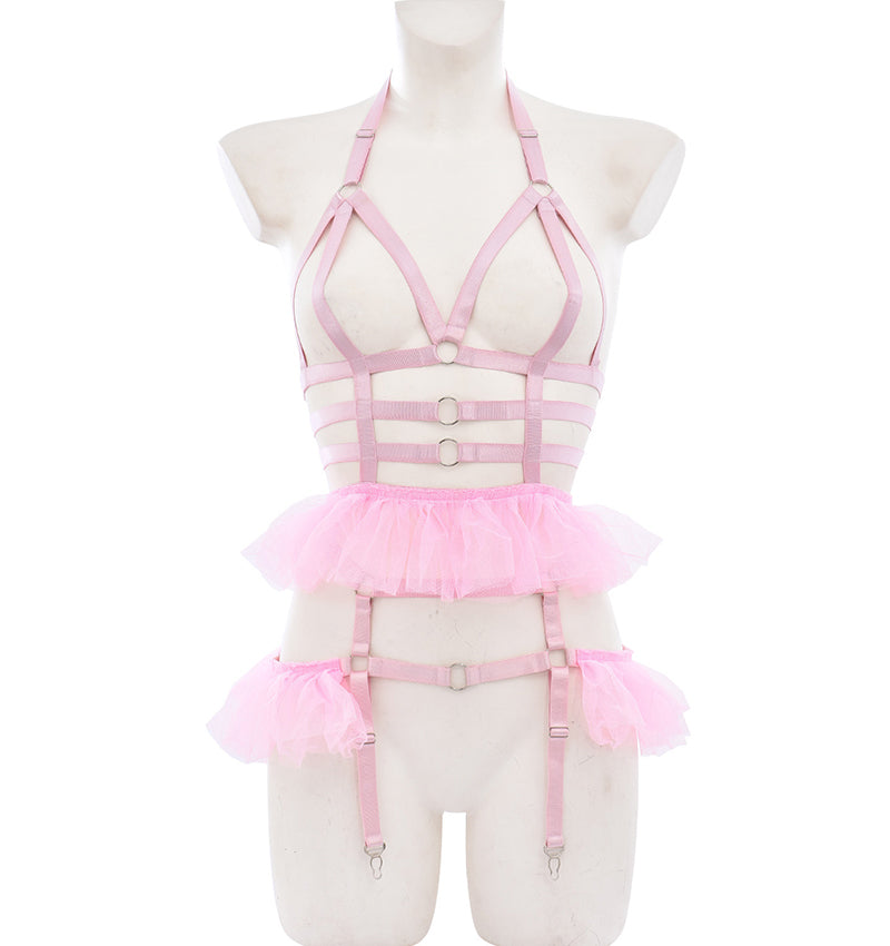 Pink sexy lace mesh uniform temptation set women's sexy bondage outfit