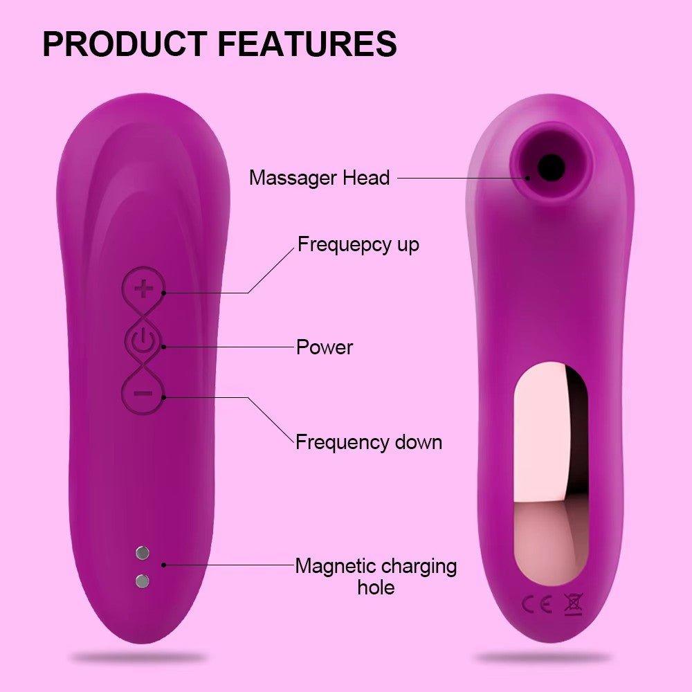 Rechargeable clitoral sucking vibrator displayed with control button