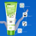 Water-based oral sex lubricant shown with colorful fruit accents