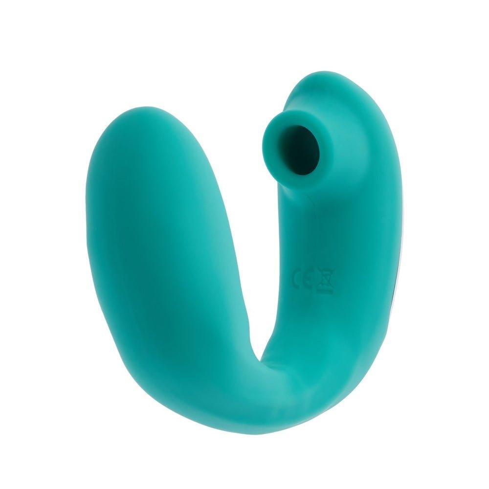 Teal Sutra clitoral vibrator shown in front view with smooth silicone surface