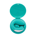 Teal version of Sutra clitoral vibrator displayed from angled side perspective