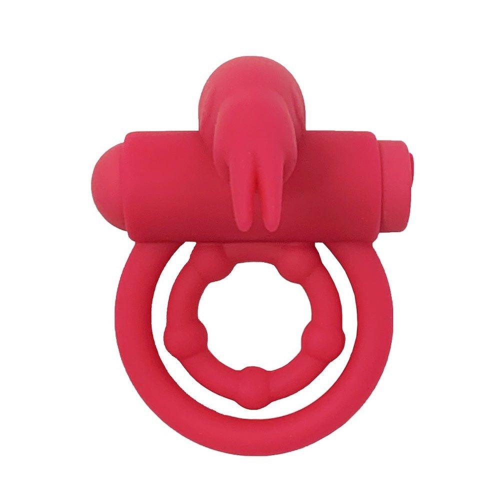 Pink vibrating rabbit cock ring displayed with soft silicone ears