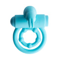 Teal rabbit penis ring shown upright with full product silhouette