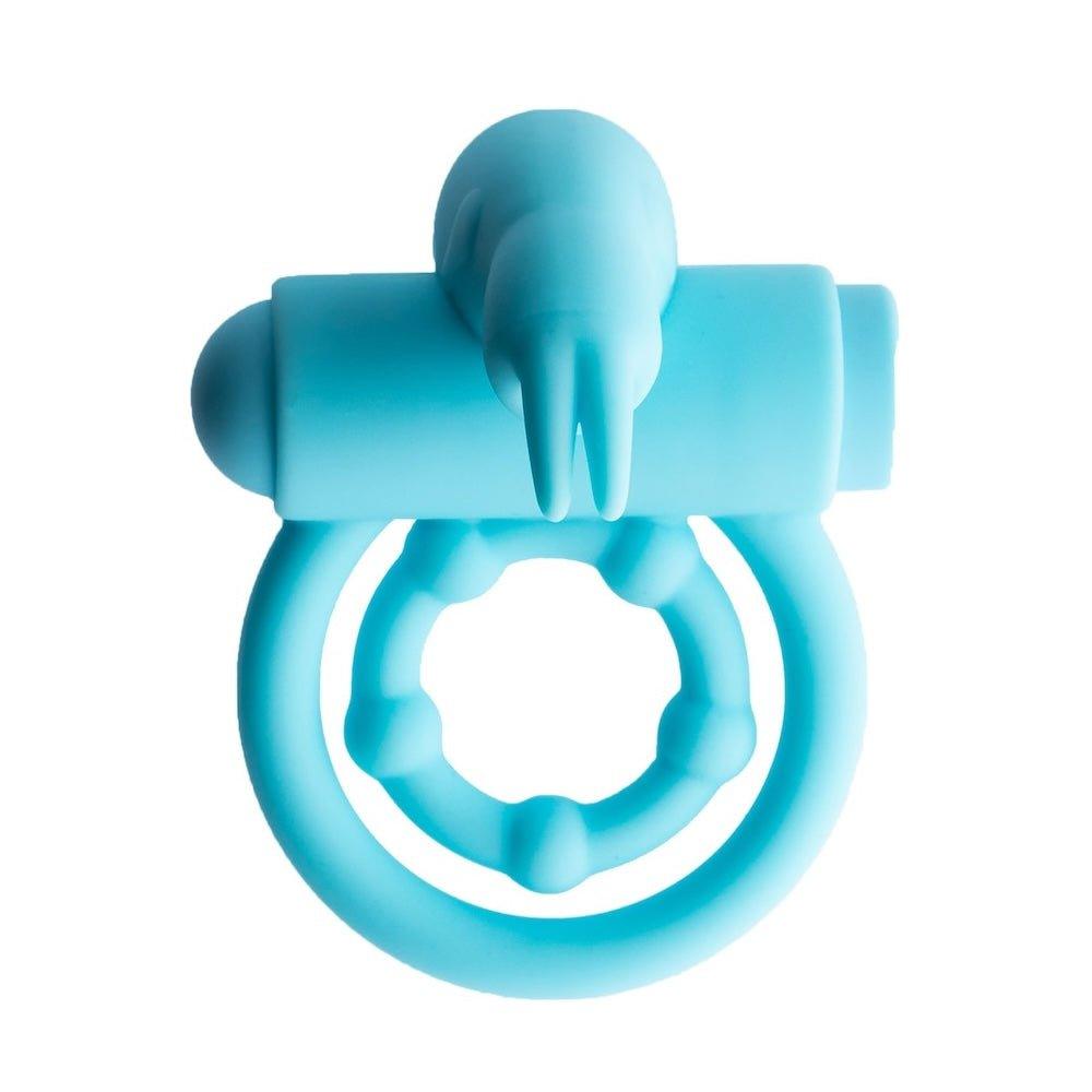 Teal rabbit penis ring shown upright with full product silhouette
