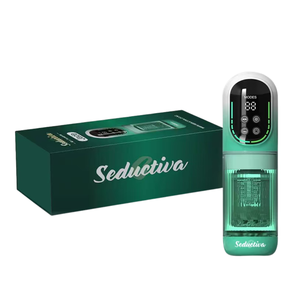 Black Seductiva Ultra Bar Pro masturbator with functional icons on a dark background.