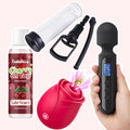 Love Spark Set – Ignite the Romance bundle: Cherry On Top water-based lubricant, rose suction vibrator, wand massager, and Maximus Power Up penis pump set