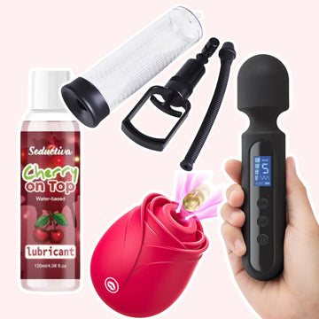 Love Spark Set – Ignite the Romance bundle: Cherry On Top water-based lubricant, rose suction vibrator, wand massager, and Maximus Power Up penis pump set