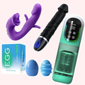 Solo Sweetheart Set — Love Yourself First bundle: tongue flapping G-spot vibrator, 7-mode vibrating dildo, automatic thrusting & sucking male masturbator, and EG(G) pocket stroker