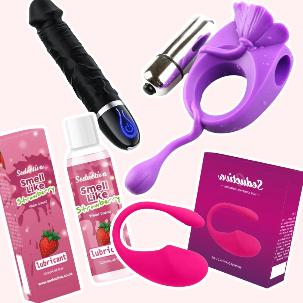 Heat of the Night Set – Intense Pleasure bundle with strawberry water-based lubricant, reusable vibrating ring, app-controlled remote vibrator, and powerful realistic dildo