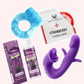 First-Time Lovers Set bundle – water-based lubricant, disposable vibrating ring, strawberry flavoured condom, and purple G-spot tongue vibrator for couples