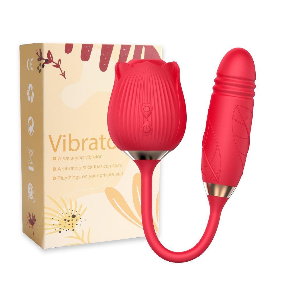 Women Rose 2-in-1 Vibrator Toy packaging box in pink with product branding and icons.