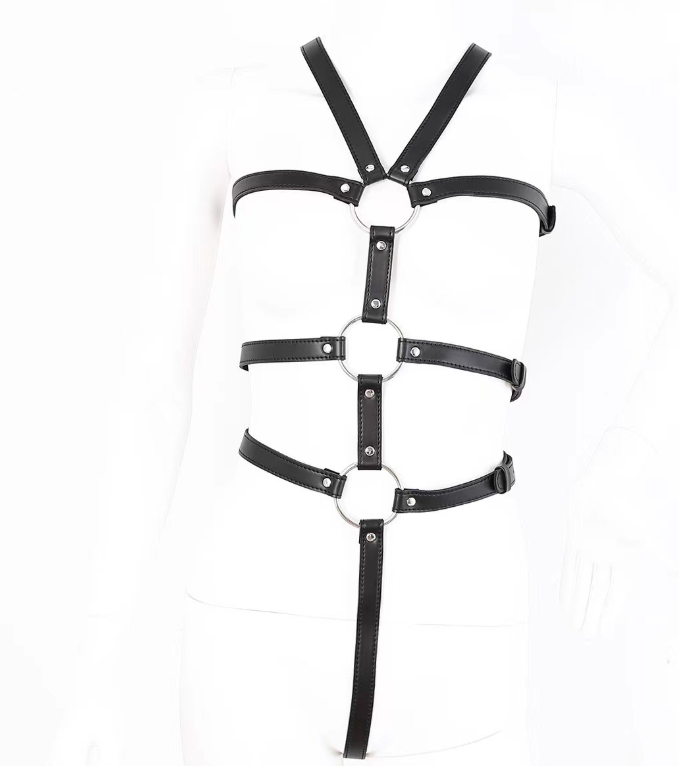 SM leather strap-on tights, exposed breasts, training erotic women