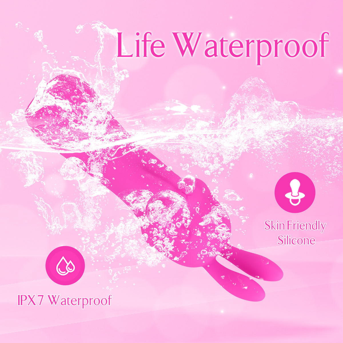 IPX7 waterproof bunny-shaped vibrator (pink) — shower-safe silicone mini G-spot vibrator feature graphic