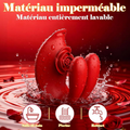Red silicone product with water droplets on a red background, featuring text about waterproof and washable material.