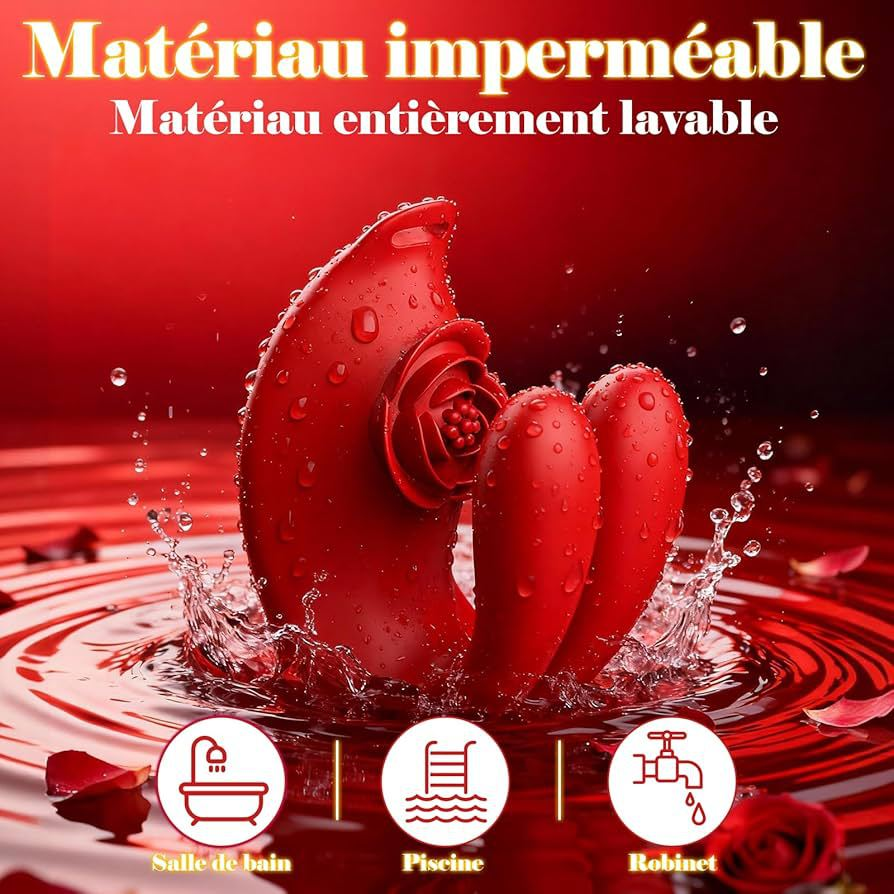 Red silicone product with water droplets on a red background, featuring text about waterproof and washable material.