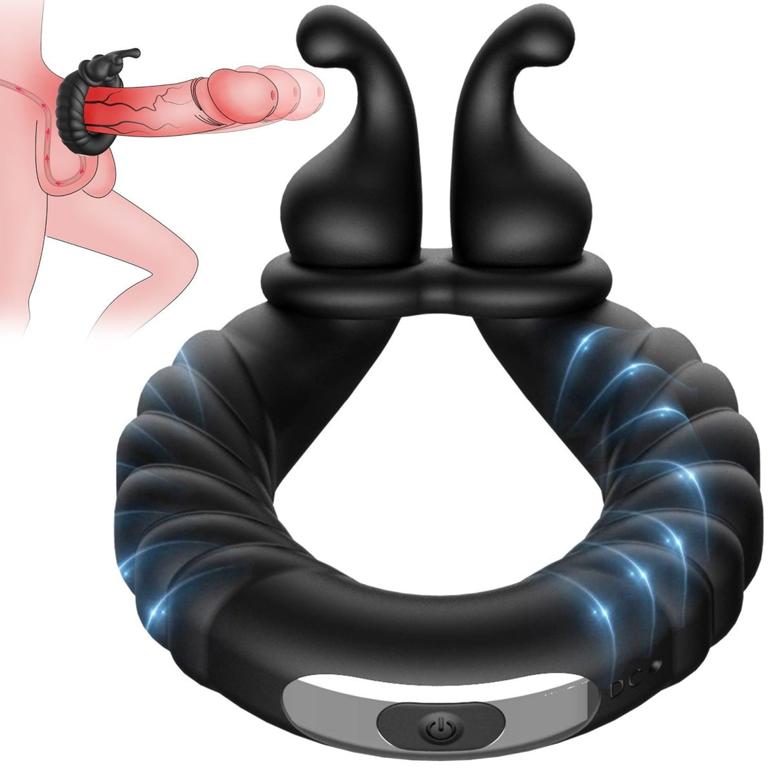 Animated GIF showing ABELE penis ring dual-motor vibration in action