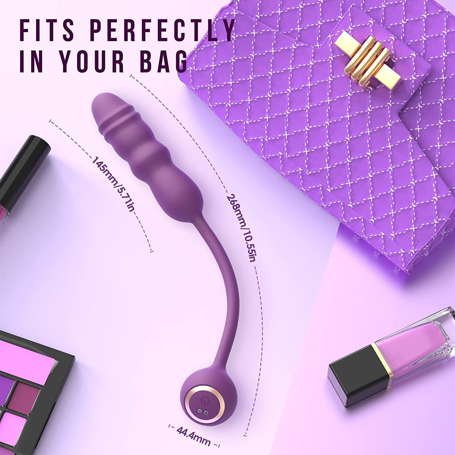 Travel-friendly rechargeable telescopic vibrator — “fits perfectly in your bag” size/portability image (268mm total length, 145mm insertable)