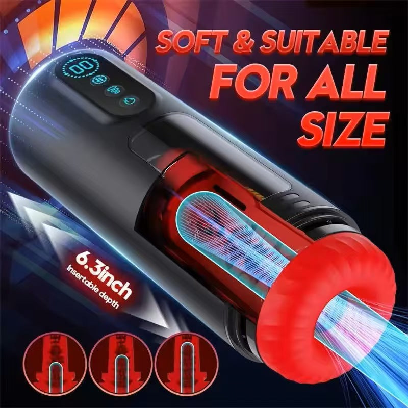Side angle of vibrating and thrusting male masturbator showing clear sleeve