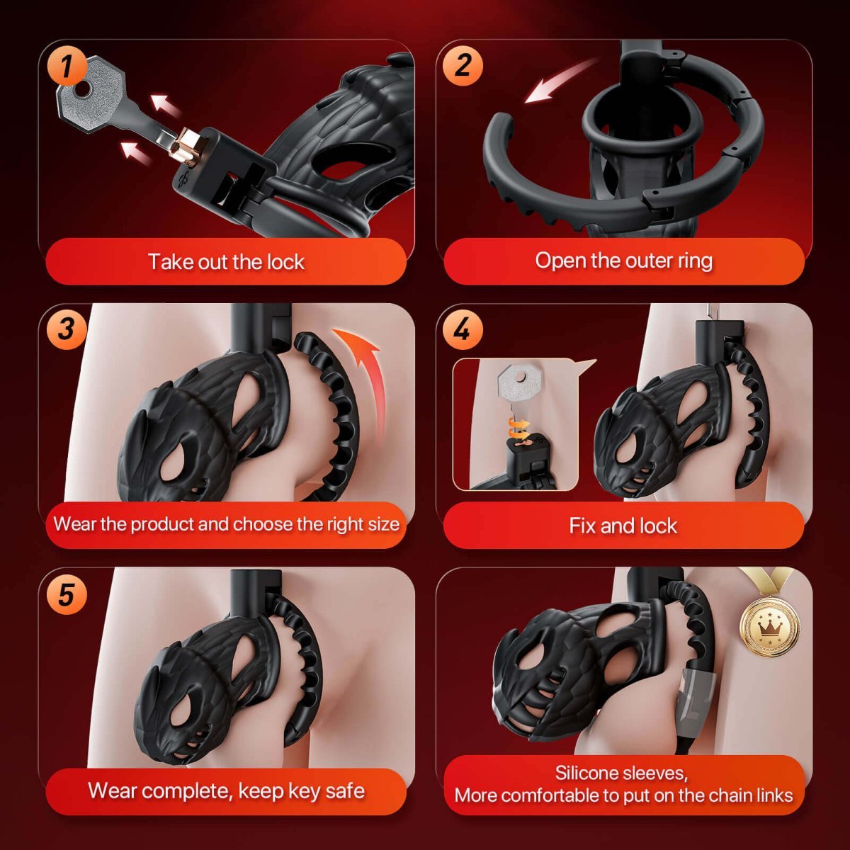 Adjustable male cage shown with lock, ring sizes and full components