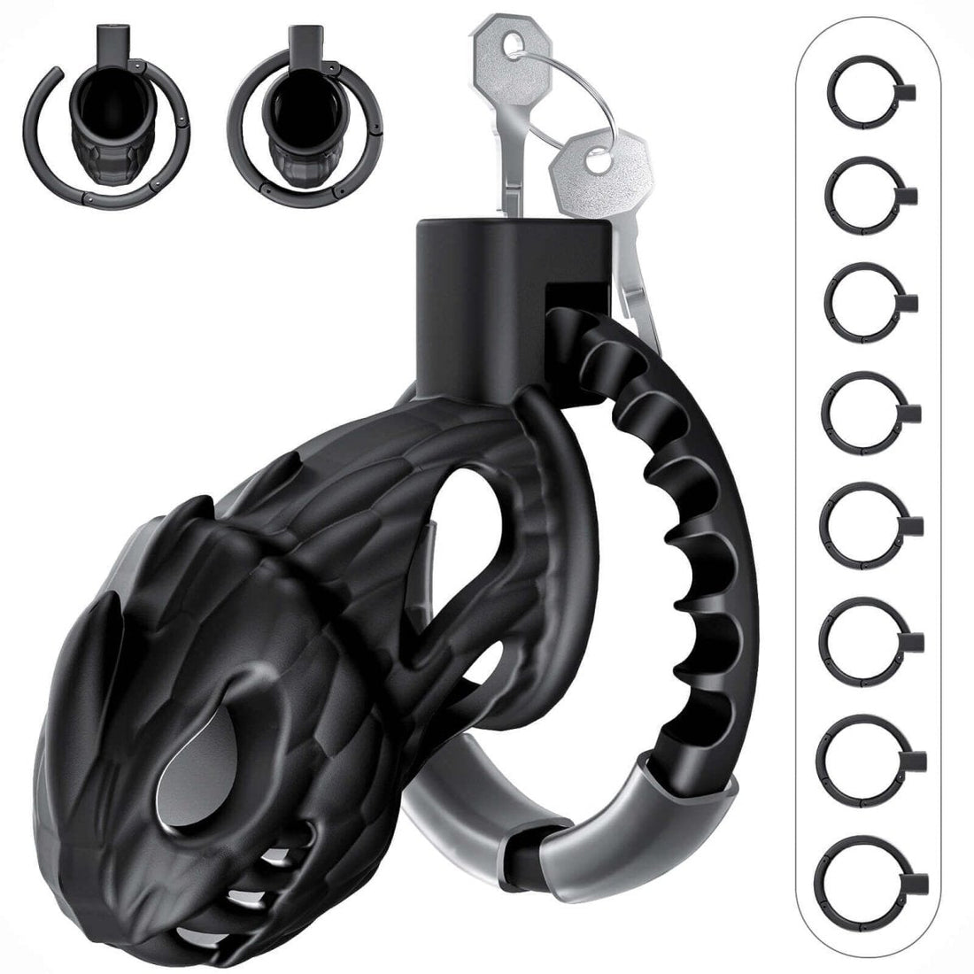 Adjustable hollow-out male chastity cage shown in full front view