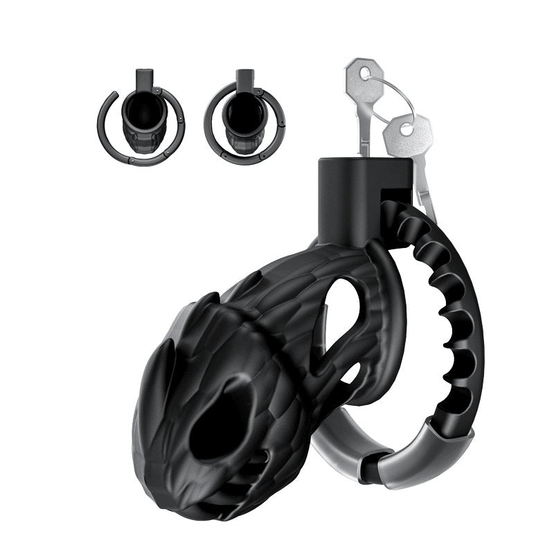 Adjustable hollow-out male chastity cage shown in full front view