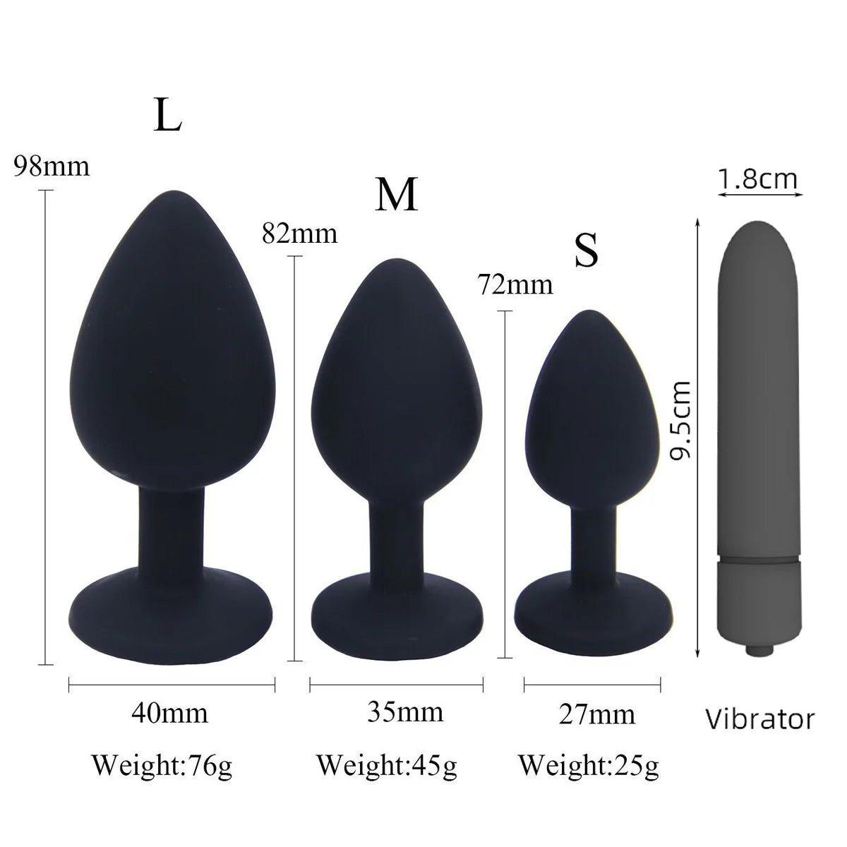 Silicone anal plugs shown flat with varying shapes and sizes