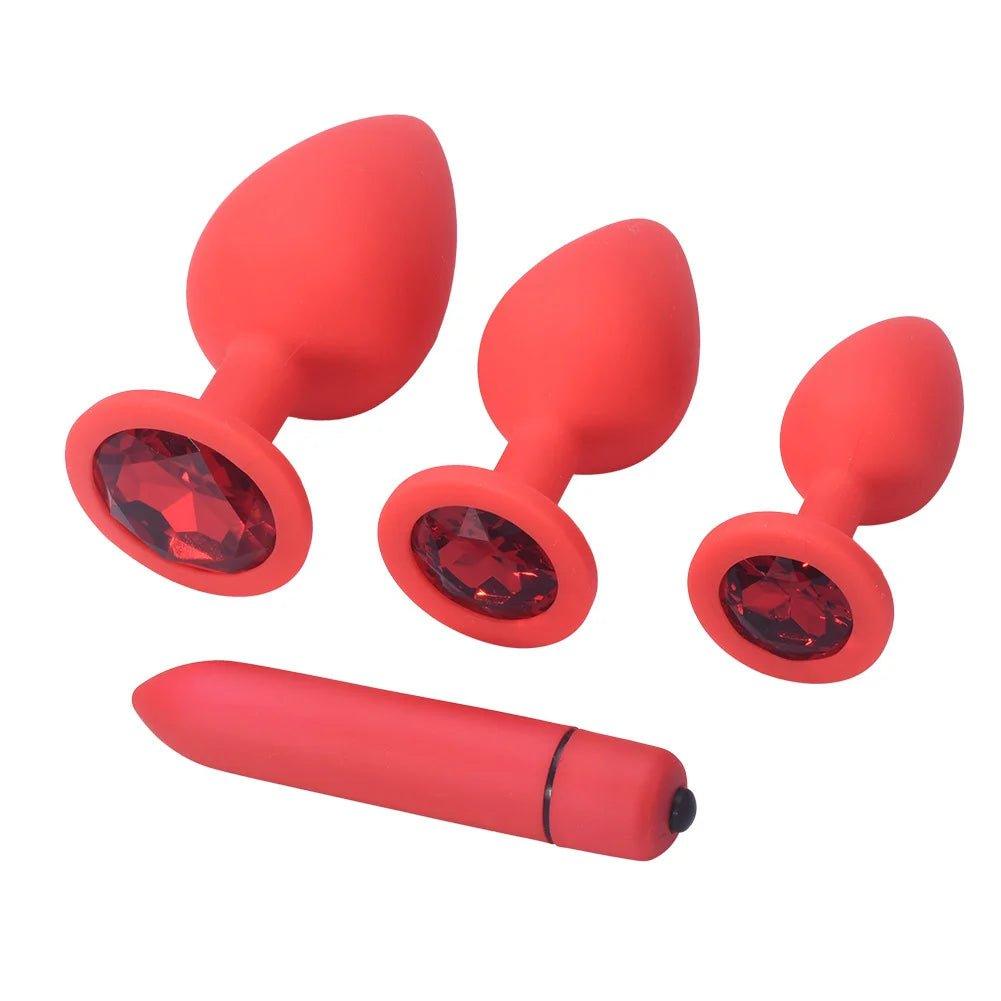 Silicone anal plug set with bullet vibrator shown in full product layout