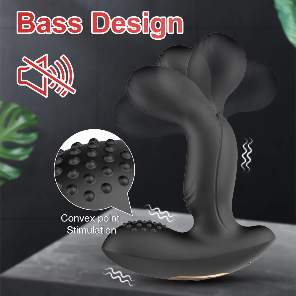 Anal plug vibrator displayed with remote and full accessory set visible