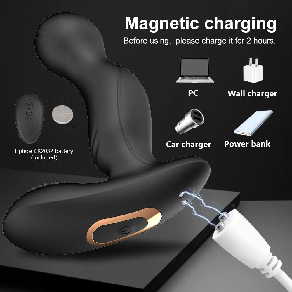 Prostate massager shown laying flat highlighting tickling vibration features