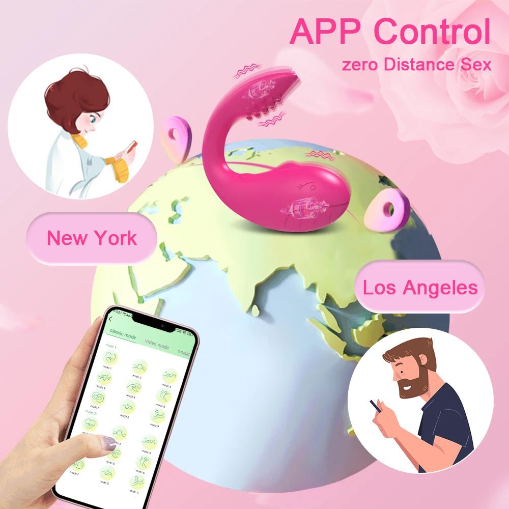 APP-controlled vibrator egg displayed with remote and accessories