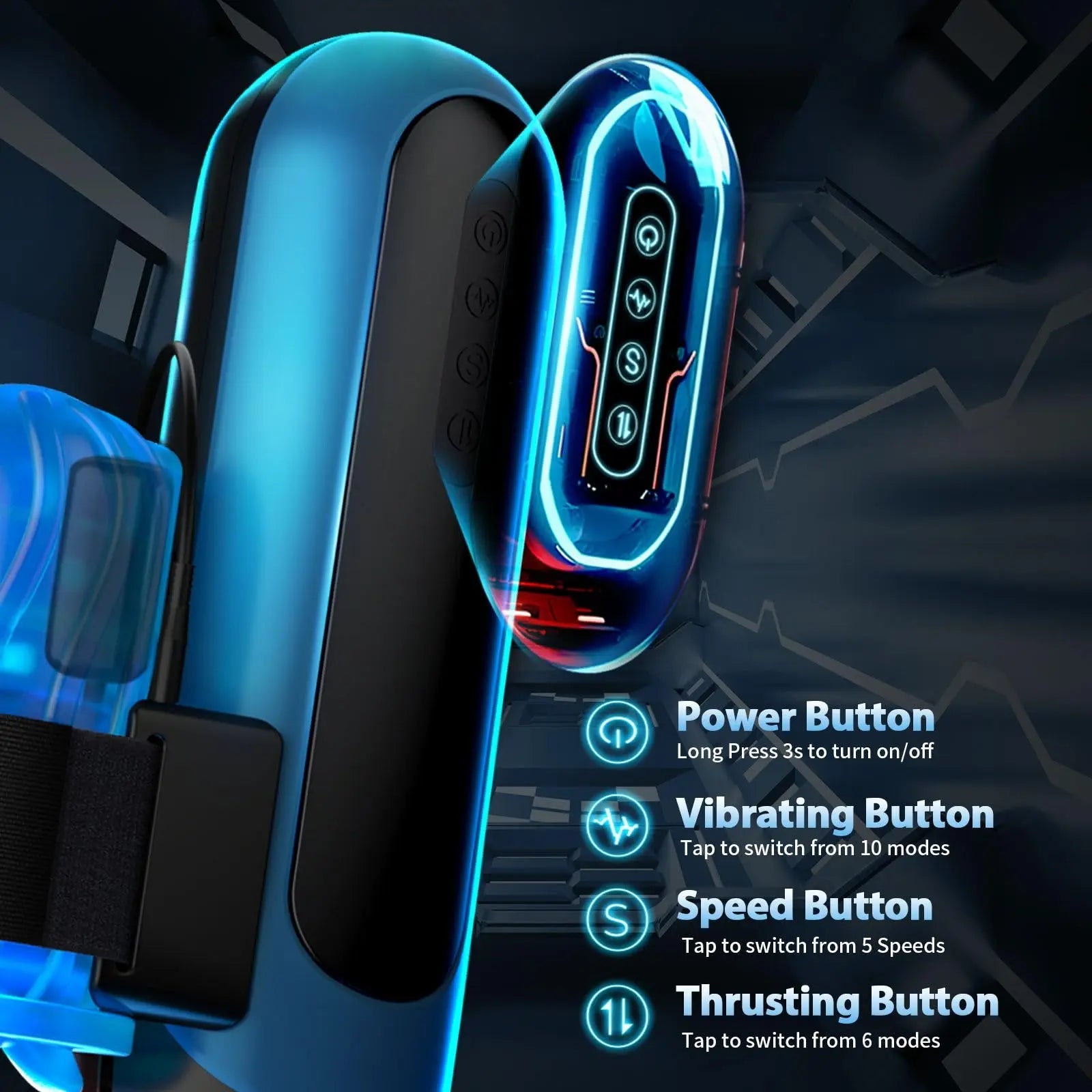 Automatic penis pump highlighting vibration and pressure control features