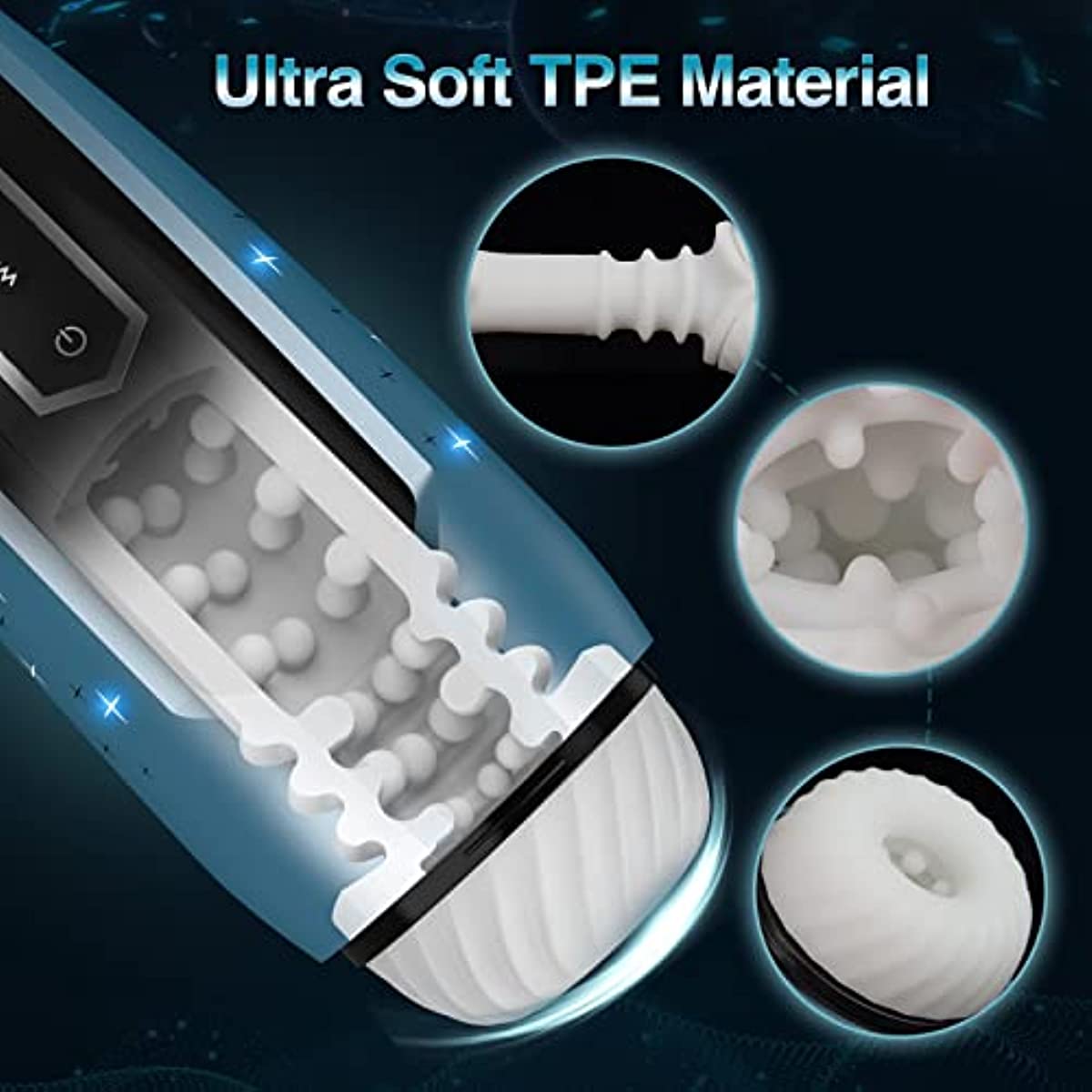 Vibrating male masturbator displayed flat showing motor housing and sleeve