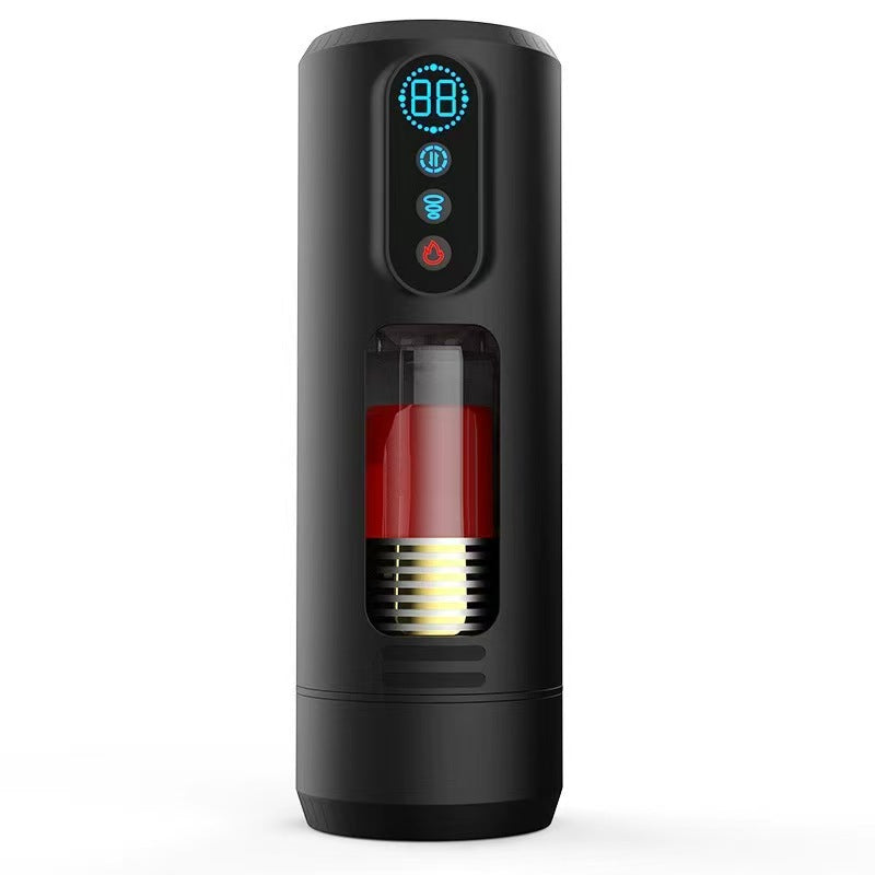 Side angle of vibrating and thrusting male masturbator showing clear sleeve