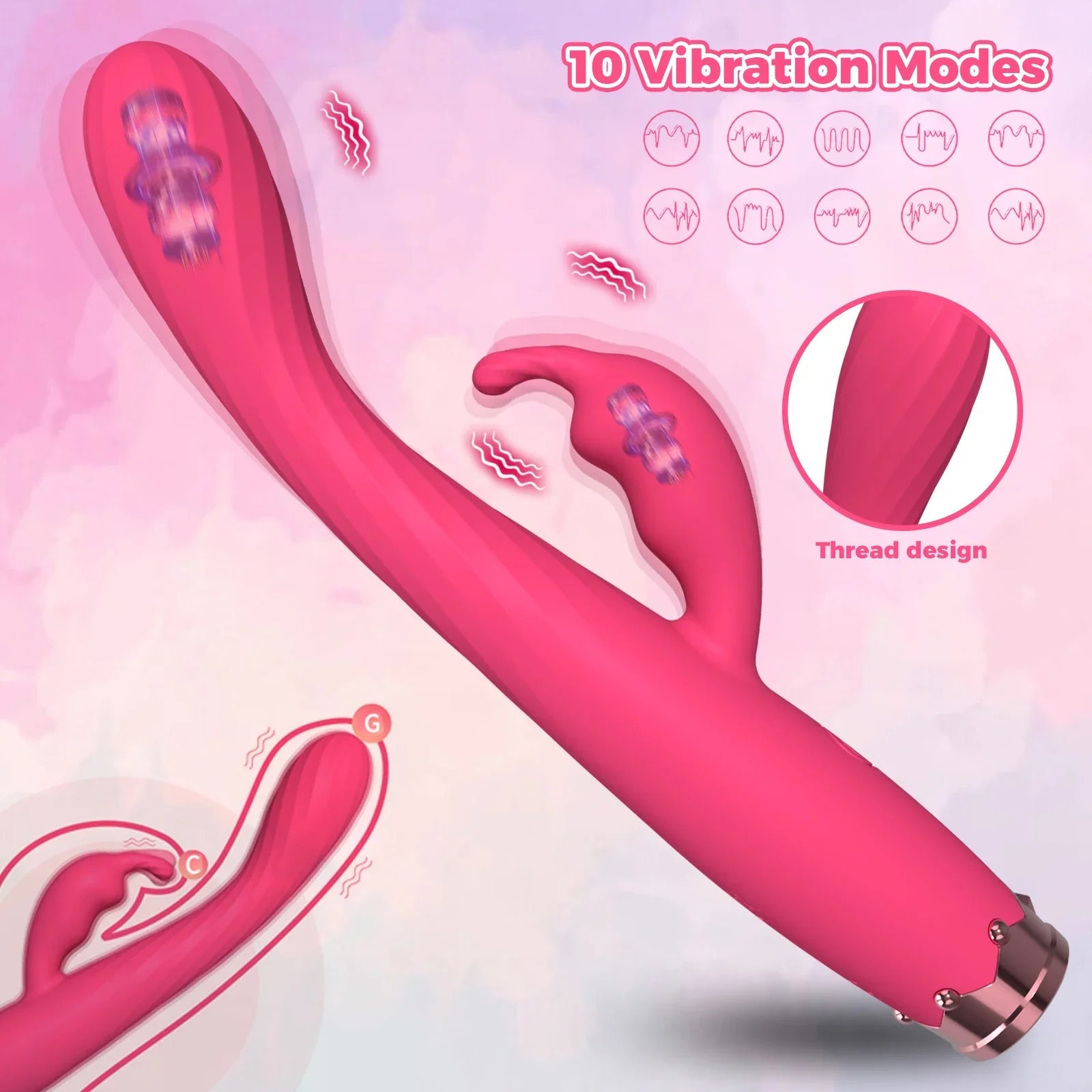 Side angle of 10-frequency rabbit vibrator highlighting flexible silicone