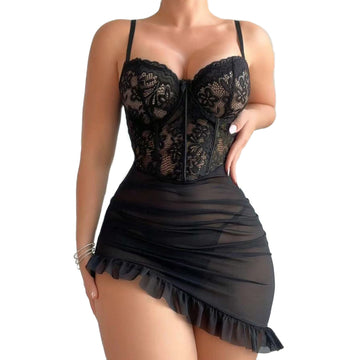 Women’s Lace Mesh Sheer Nightgown Bodycon Skirt Loungewear Set, Adult Themed Outfit