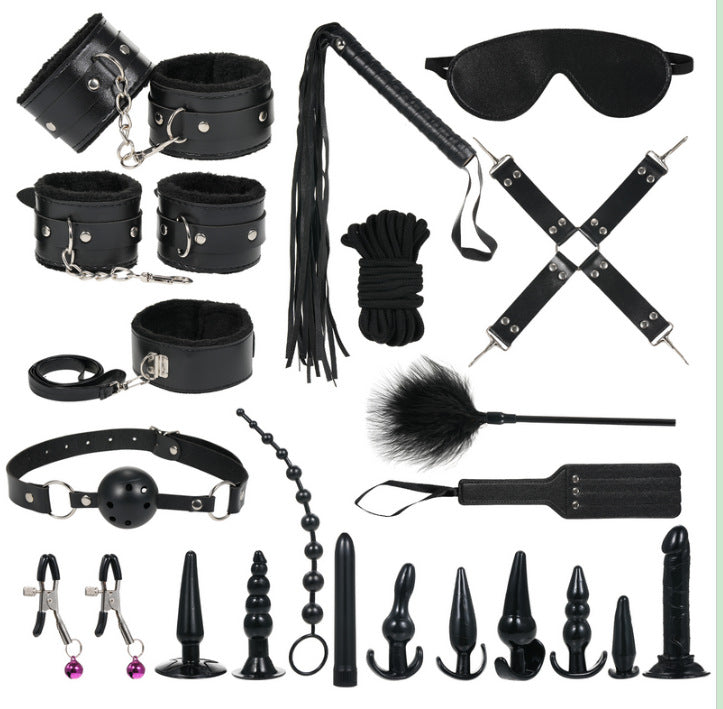 Bondage leather and faux fur 10-piece BDSM set with cuffs, restraints, and whip