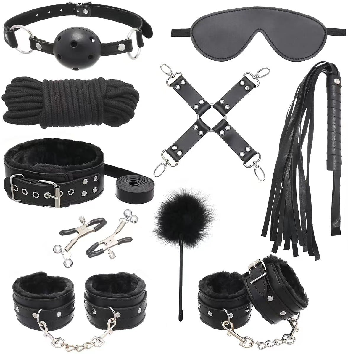BDSM restraint set including collar, ankle cuffs, and blindfold