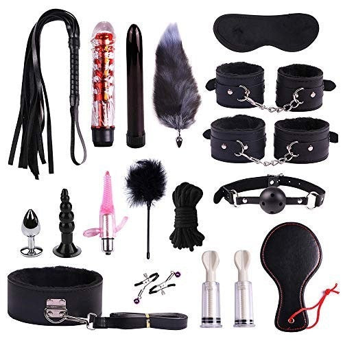 Leather and faux fur bondage accessories arranged in full kit layout