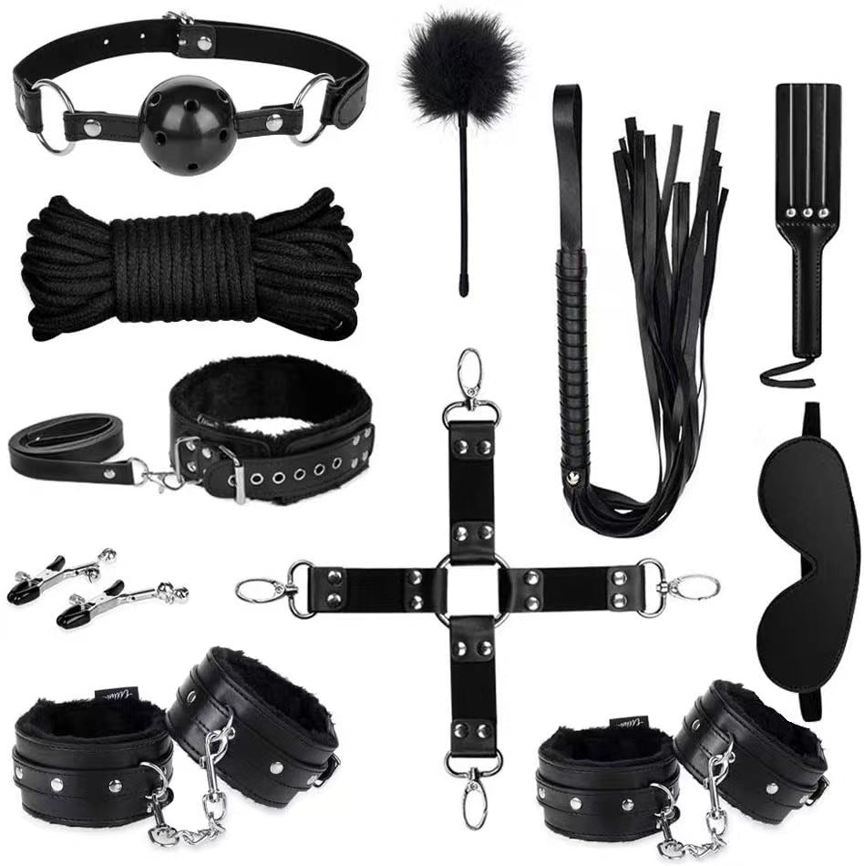 Adult BDSM set with whip, cuffs, and ankle restraints for couples play