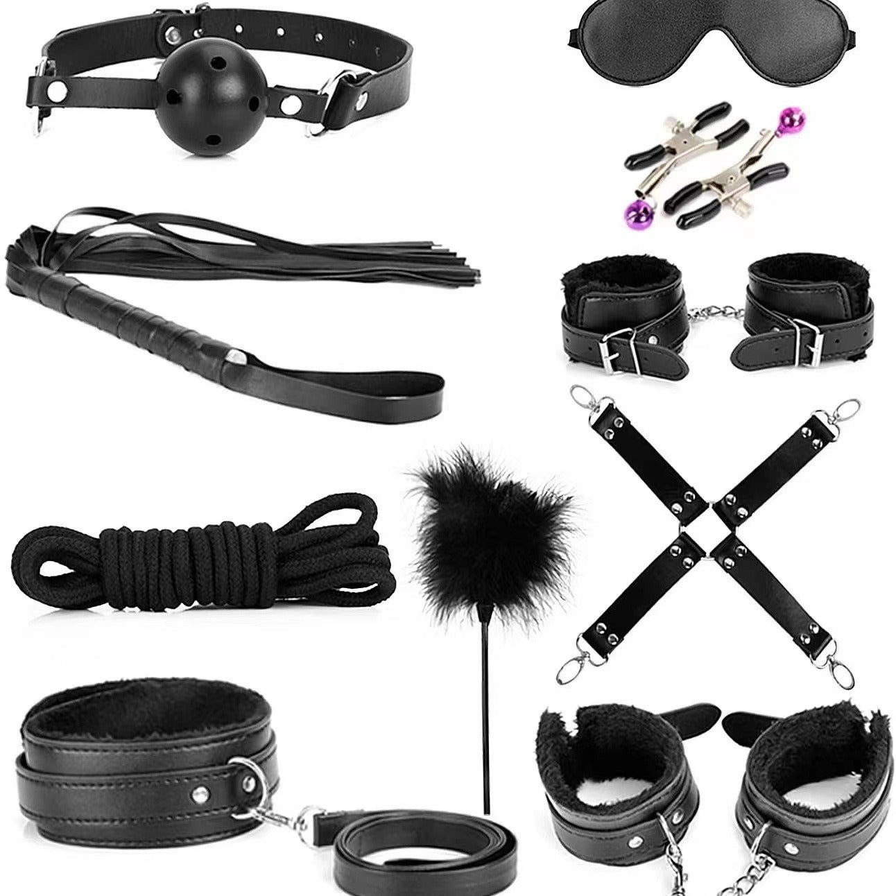 10-piece bondage set for adults displayed on white background