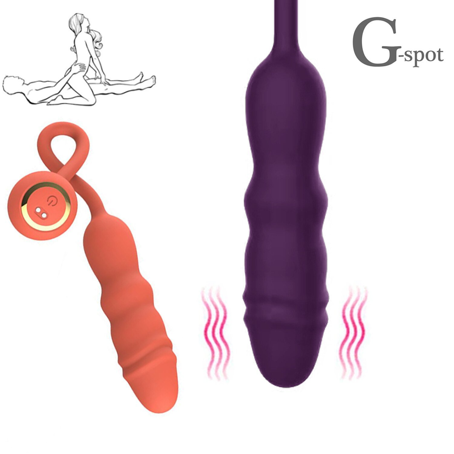 Telescopic rotating vibrator colour comparison — purple and orange rotating G-spot vibrator shown side by side