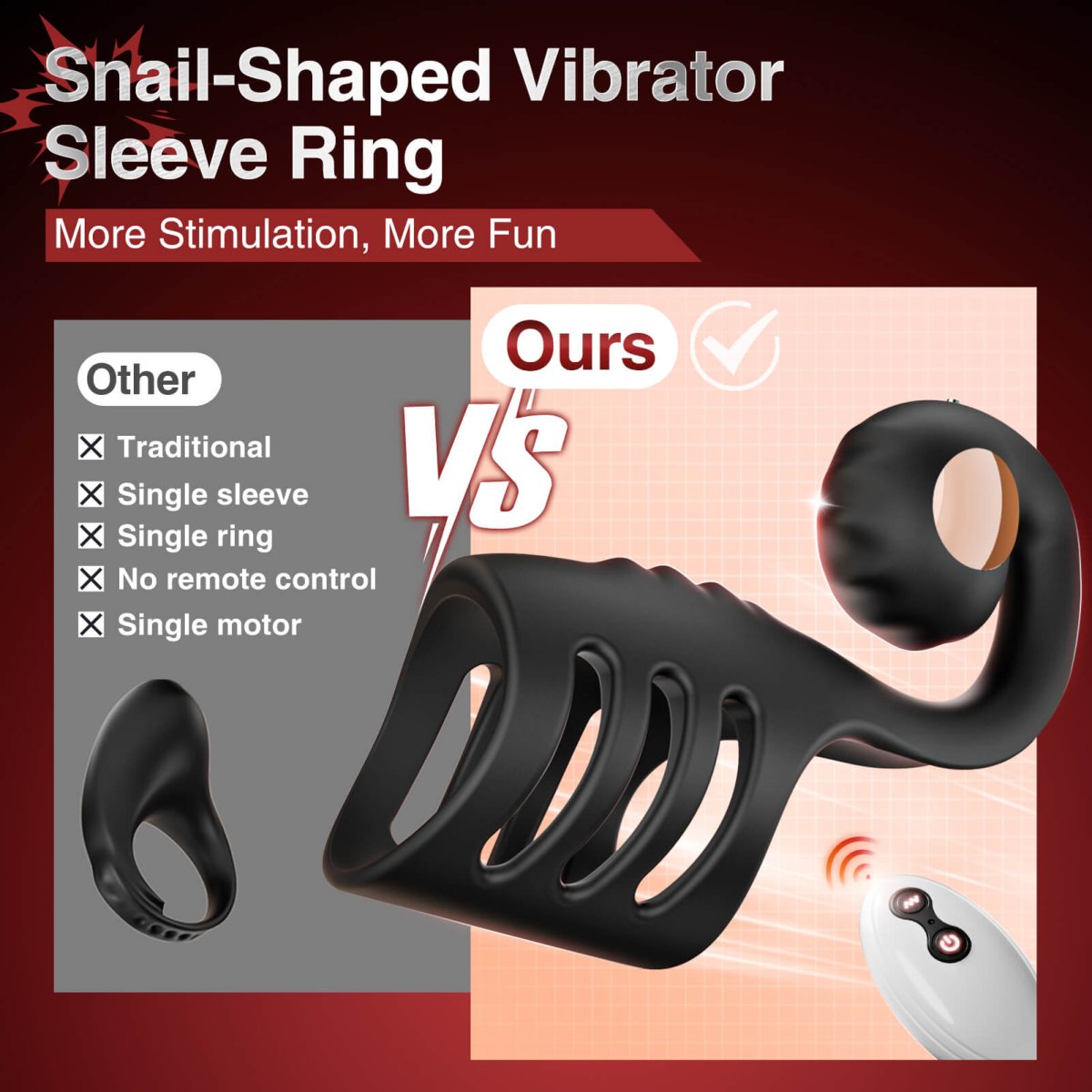 Snail-shaped vibrating cock ring shown from top angle with full shape visible