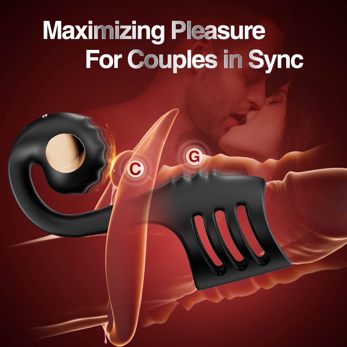 Vibrating penis sleeve ring shown upright highlighting curled stimulator