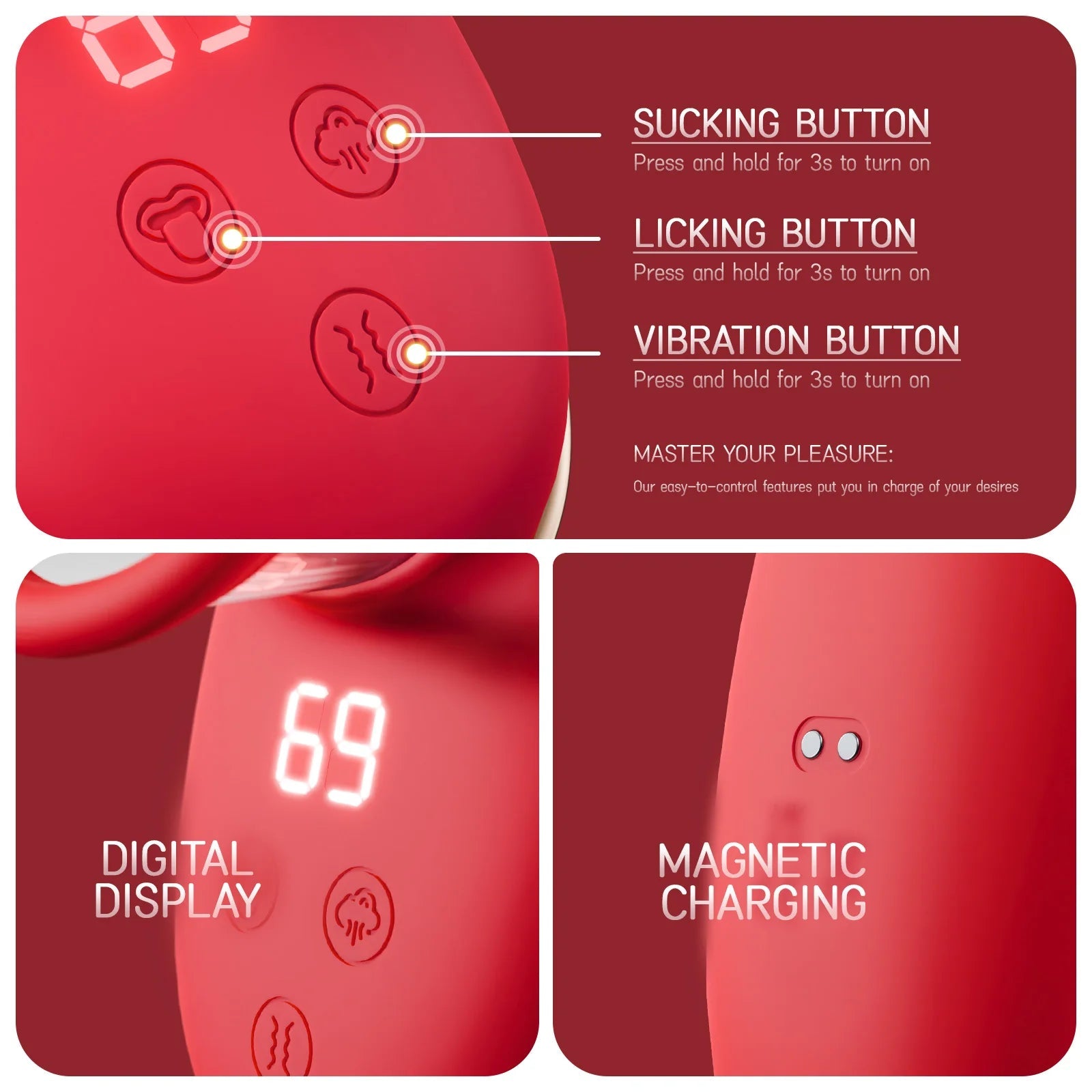 Vibrator with licking tongue and suction feature shown from top perspective