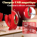 Red magnetic USB charger with product details on a blurred background