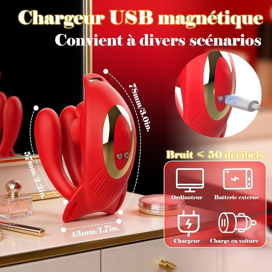 Red magnetic USB charger with product details on a blurred background